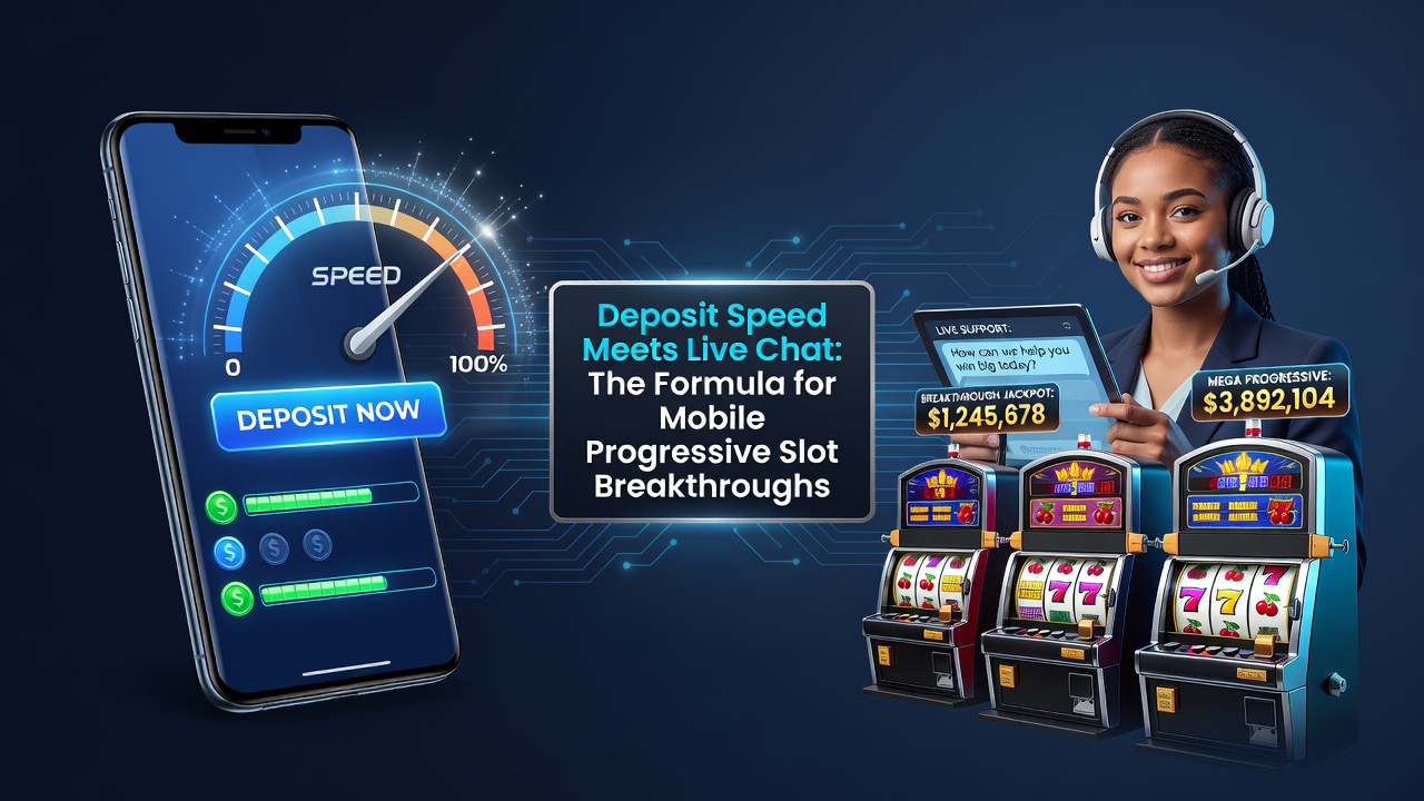 Illustratie van mobiele progressieve slots met snelle stortingsknoppen en live chat interface op een smartphone scherm