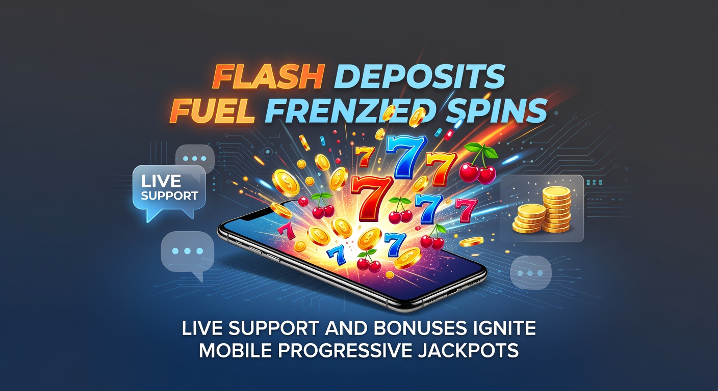 Speler met mobiel die een progressieve jackpot viert, met flitsende stortingsknoppen en live chat icoontjes op het scherm